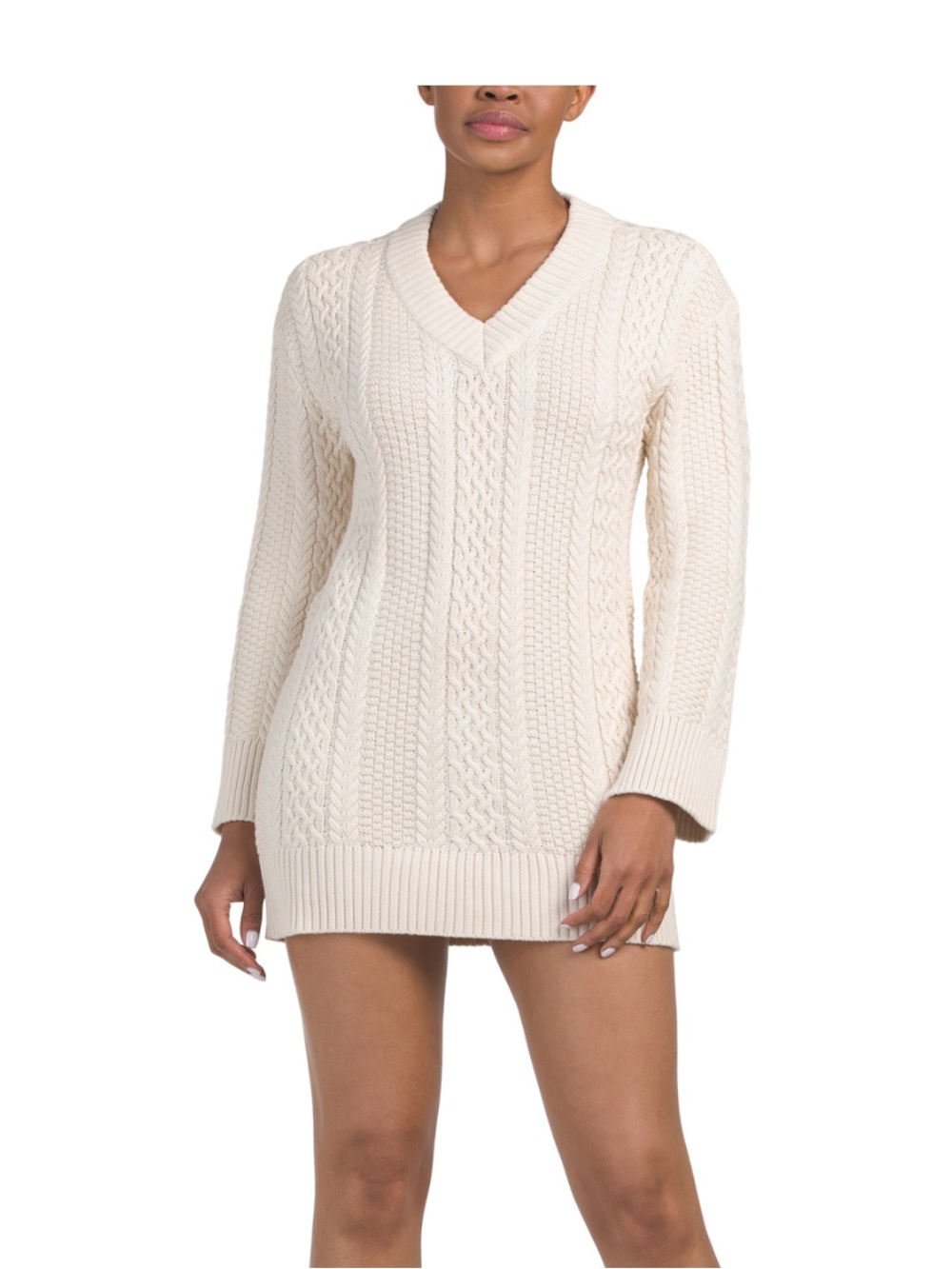 Cleobella Ivory Cable Knit V-Neck Sweater Dress